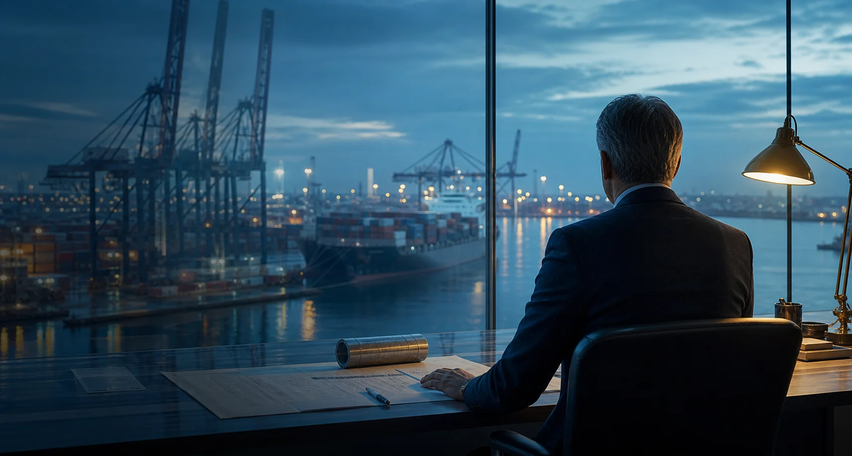 Trade professional overlooking a working cargo port