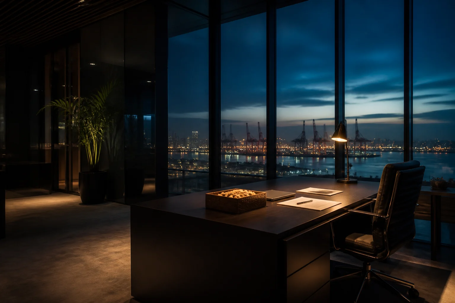 Aranix trade desk overlooking the port