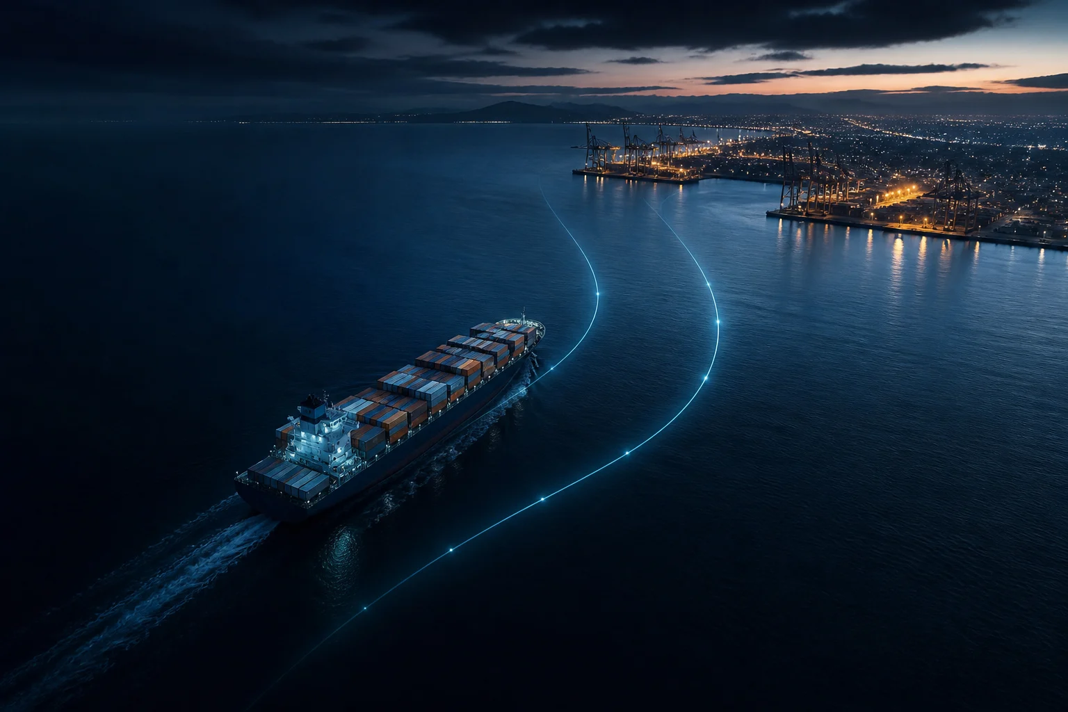 Cargo vessel following a lit route toward port